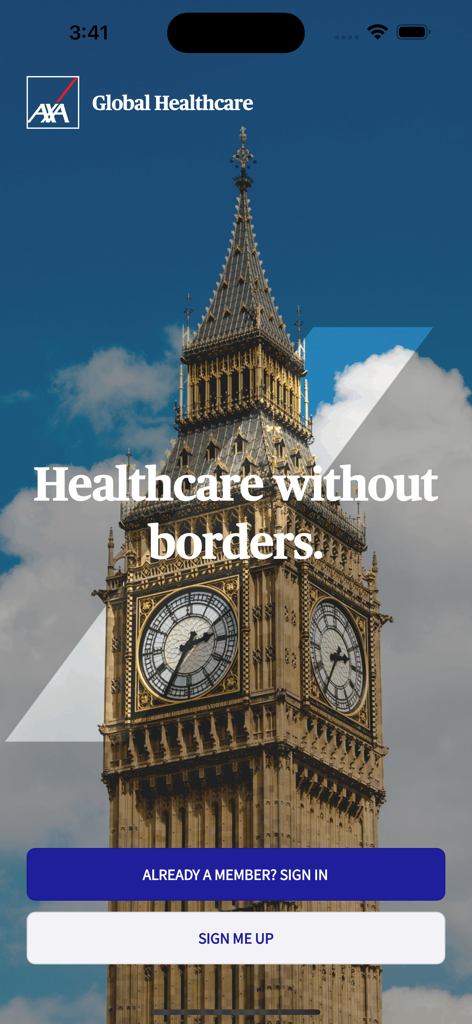 AXA Global Healthcare app welcome screen with Big Ben background and sign in buttons