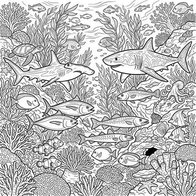 Explore a vibrant marine ecosystem with this intricate coloring page, showcasing a diverse array of saltwater fish, majestic sharks, and a curious sea turtle. Immerse yourself in the detailed full-scene composition, brimming with coral reefs and aquatic life, ready for your creative touch.