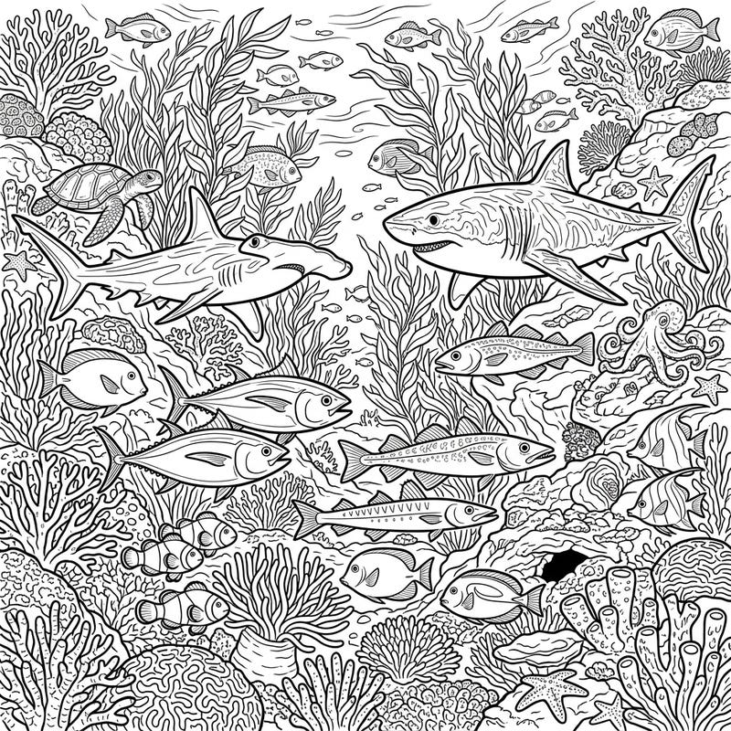 Explore a vibrant marine ecosystem with this intricate coloring page, showcasing a diverse array of saltwater fish, majestic sharks, and a curious sea turtle. Immerse yourself in the detailed full-scene composition, brimming with coral reefs and aquatic life, ready for your creative touch.