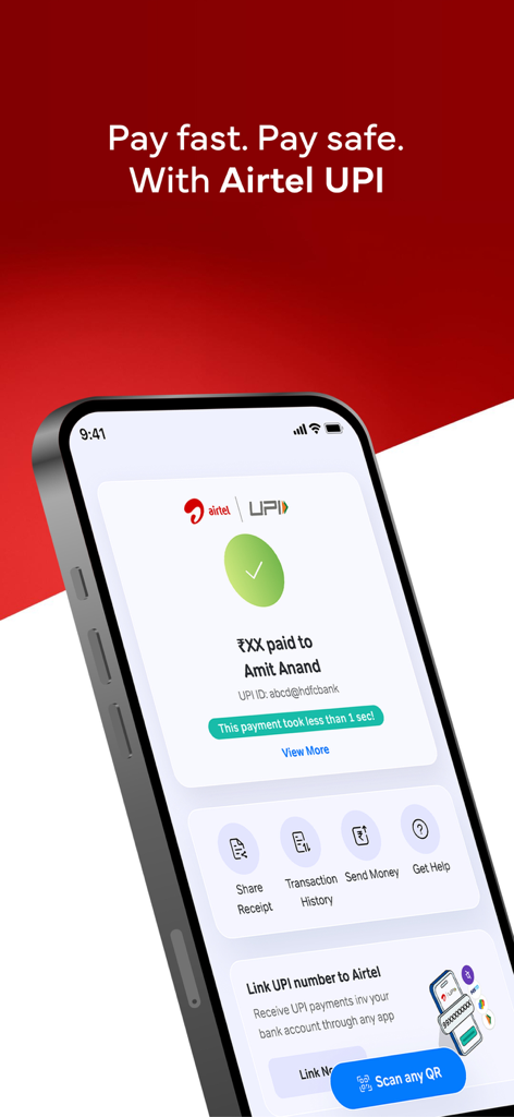 L'interface de l'application Airtel Thanks affiche une confirmation de paiement UPI réussie, avec des options pour partager le reçu et scanner les codes QR.