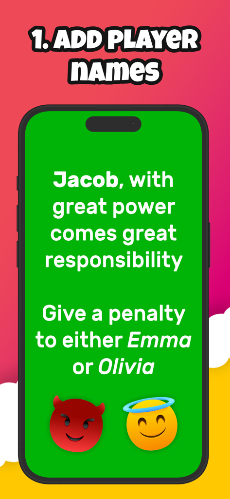 Screenshot of Cheers party game app showing a personalized game prompt with names like Jacob Emma and Olivia