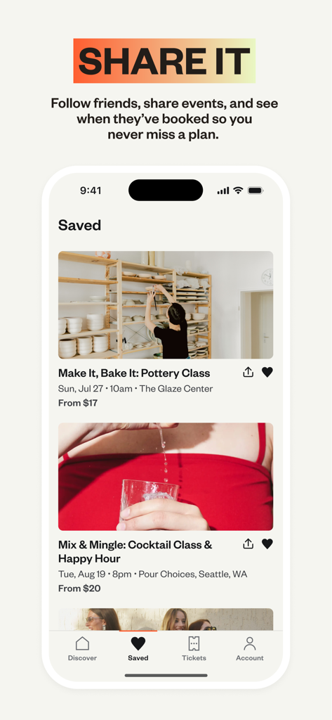 Eventbrite - Eventbrite mobile app interface displaying a list of saved local events and social sharing options.