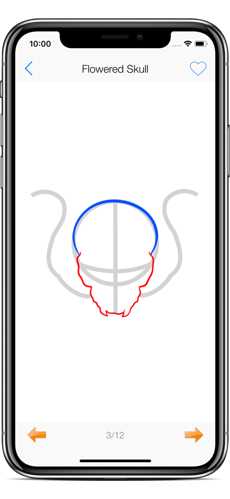 Draw Tattoo - Full Version - Uma tela de tutorial de aplicativo móvel mostrando o processo de desenho passo a passo de um design de tatuagem de caveira florida.