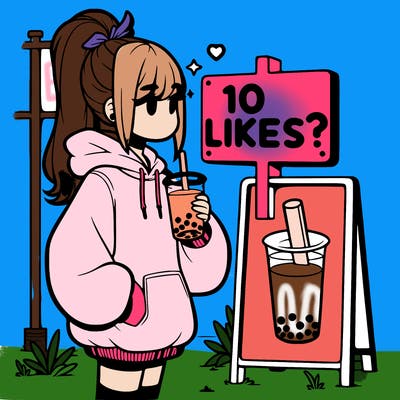 girl with oversized hoodie drinking boba and she has a high ponytail with a sign that says 10likes?