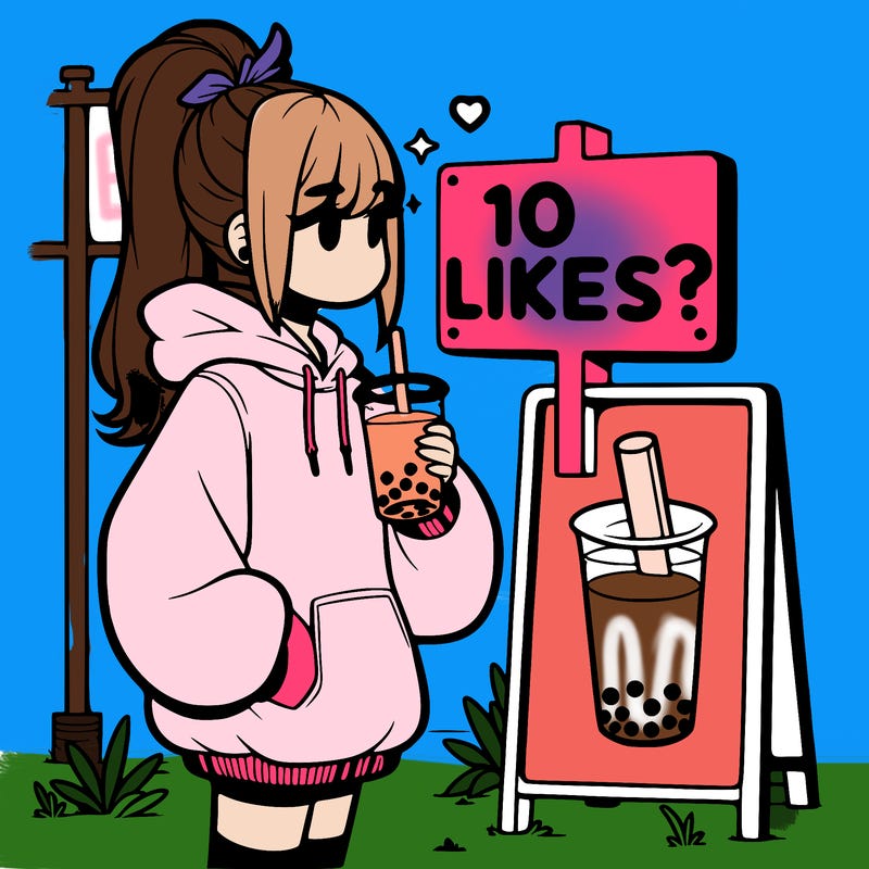 girl with oversized hoodie drinking boba and she has a high ponytail with a sign that says 10likes?