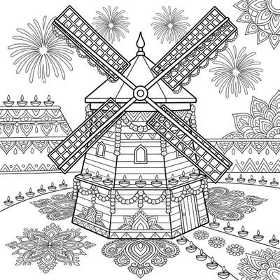 Immerse yourself in the joy of Diwali with this unique coloring page featuring a beautifully decorated smock mill. Adorned with flickering diyas, intricate rangoli, and festive fireworks, it's a delightful scene ready for your creative touch.