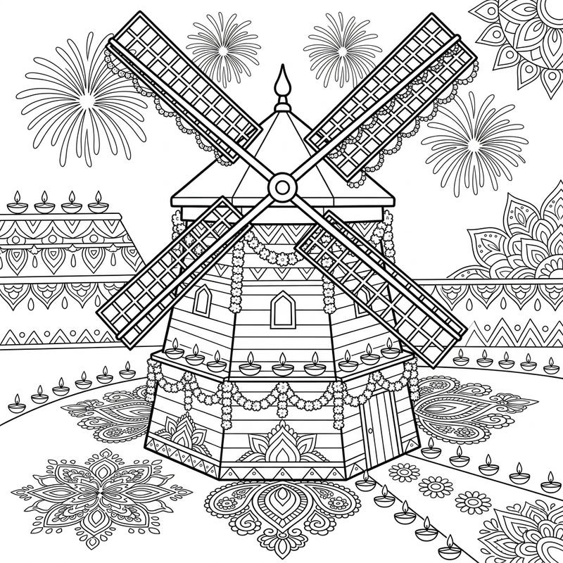 Immerse yourself in the joy of Diwali with this unique coloring page featuring a beautifully decorated smock mill. Adorned with flickering diyas, intricate rangoli, and festive fireworks, it's a delightful scene ready for your creative touch.