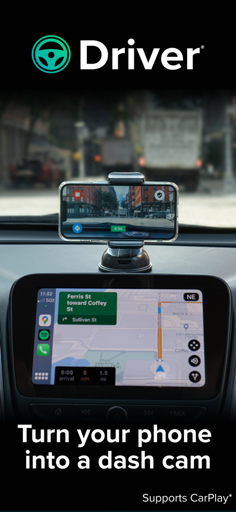 Driver: Driving & Dash Cam App - Ein iPhone, das auf einem Auto-Armaturenbrett montiert ist und die Driver-App als Dashcam verwendet, während es mit der Apple CarPlay-Navigation integriert ist.