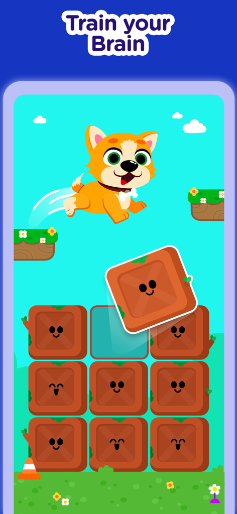 Piggy Panda: Learning Games - A colorful brain training puzzle game for kids featuring a cute dog and smiling blocks in the Piggy Panda app