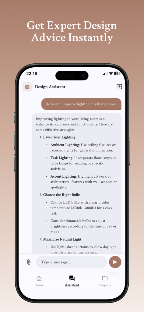 Interfaccia dell'app Interia Design Assistant che fornisce consigli esperti sull'illuminazione del soggiorno.