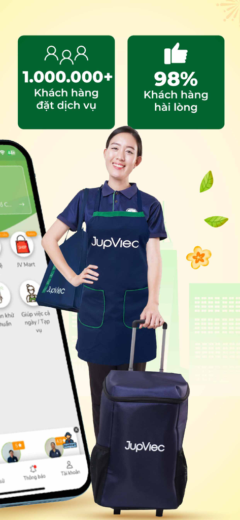 Professional cleaner in uniform with JupViec app interface and customer satisfaction statistics
