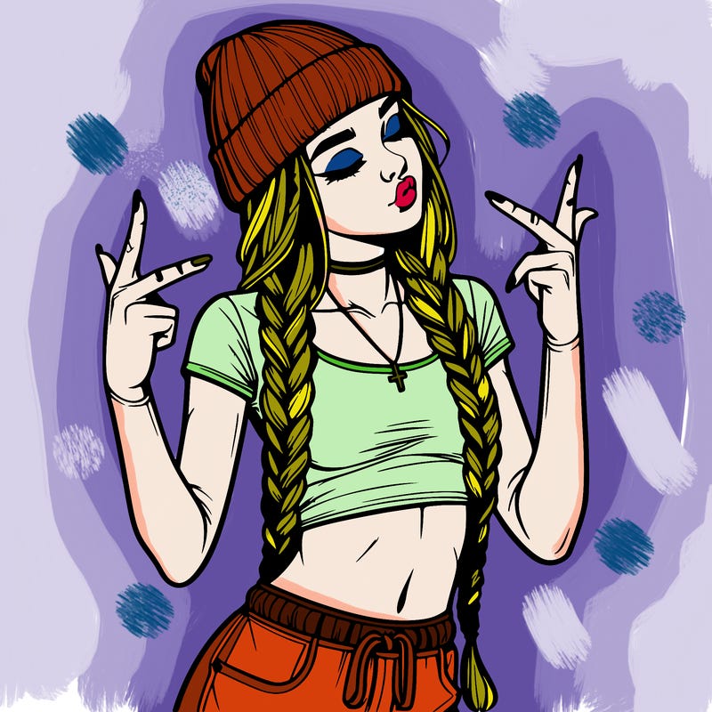 realistic teenage girl with braids and a beanie and crop top doing 🫶🏼
