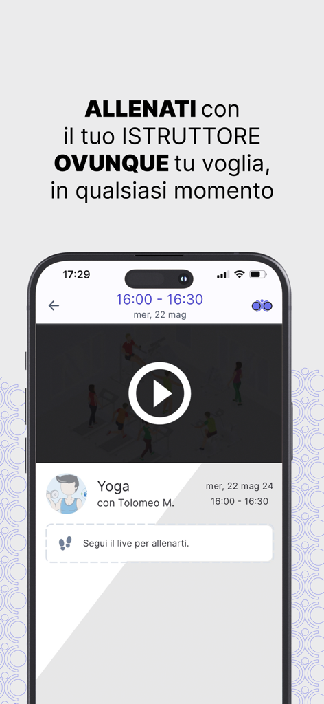 MooPlan - Smartphone screen displaying the MooPlan app interface for a live yoga class with an instructor