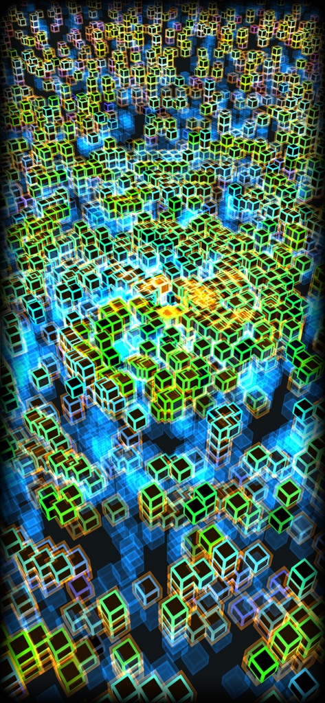 Rappresentazione visiva di automi cellulari 3D con cubi luminosi multicolore che formano modelli complessi