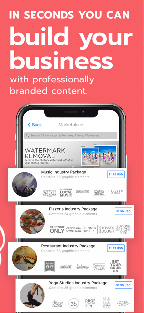 Photofy Content Creation - Photofy app marketplace screen showing industry-specific graphic template packages for music, pizzerias, restaurants, and yoga studios.