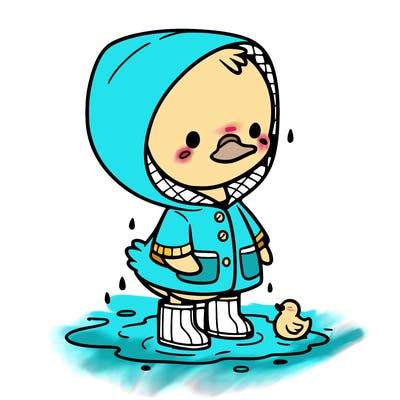 baby duck in a rain coat and boots, in a puddle while it’s raining