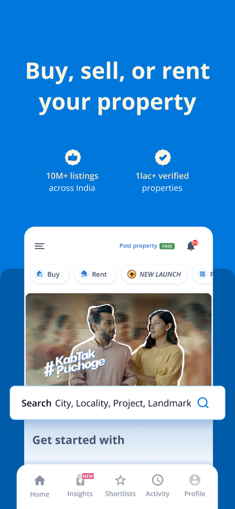 99acres - Property Search - 99acres mobile app home screen displaying property search options for buying selling and renting real estate in India