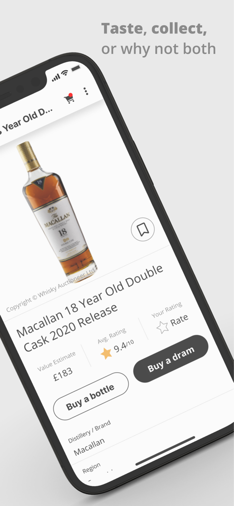 Bevvy - Bevvy app screen displaying Macallan 18 Year Old whisky details and ratings