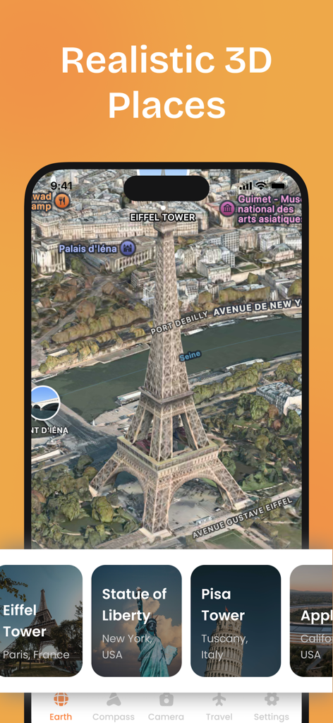 Travel Camera & Compass - Realistic 3D map view of the Eiffel Tower in the Travel Camera app