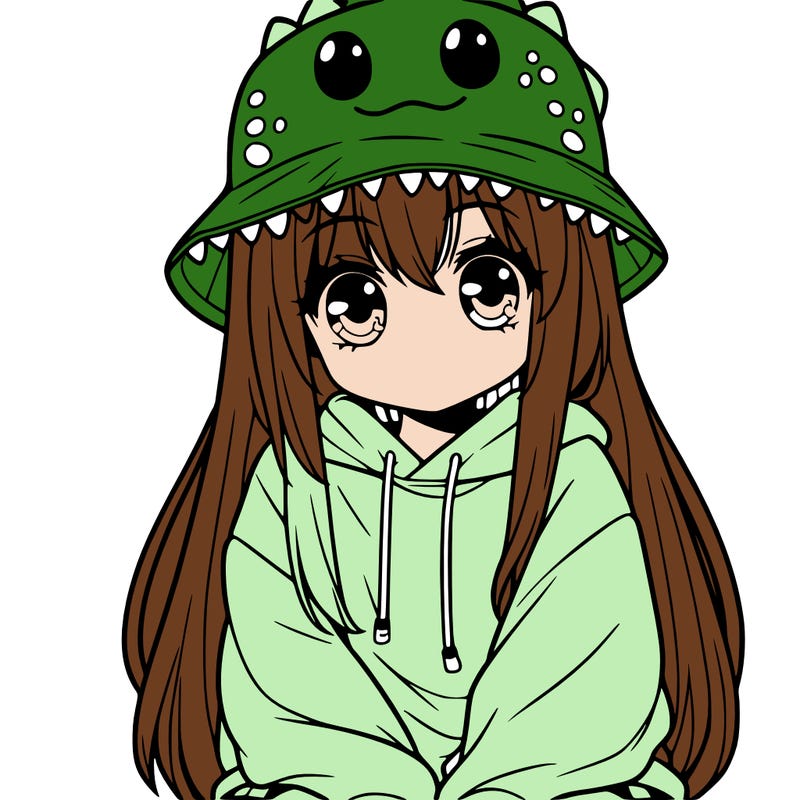 girl with anime shaped eyes with a dinosaur bucket hat oversized sweatshirt long straight hair