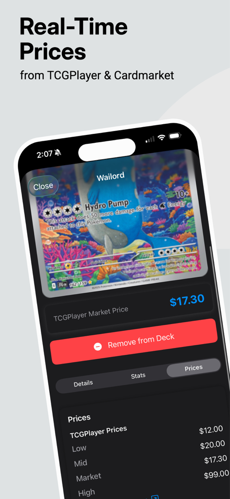 Poké Pricer: Pokemon Scanner - Interface of Poke Pricer app showing real time market prices for a scanned Pokemon card