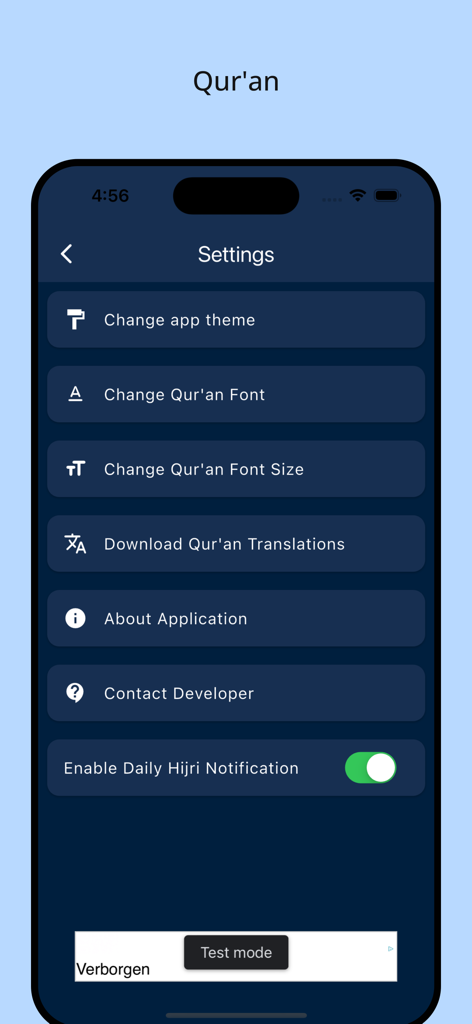 Settings menu of the Al-Minshawi Quran app showing font, theme, and Hijri notification options.