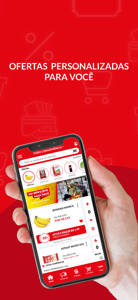 Tudo Conveniência - Smartphone mostrando ofertas personalizadas e descontos em compras no aplicativo Tudo Conveniencia