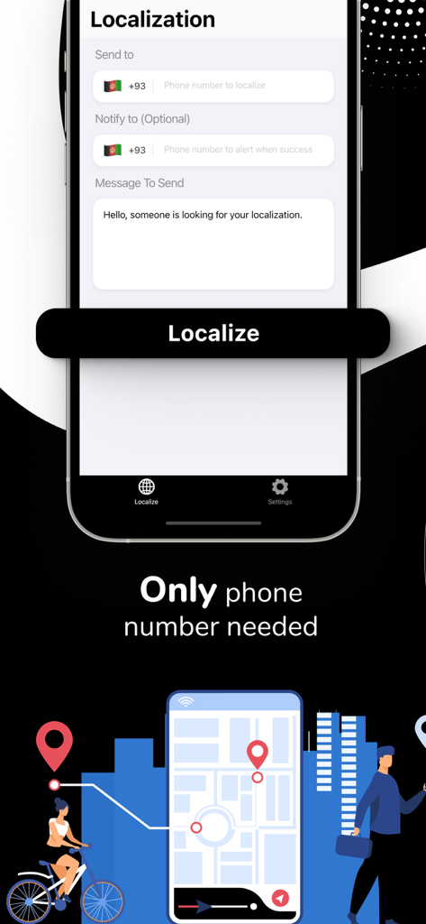 Interfaz de la aplicación Rastreador de Teléfono GPS que muestra la función de localización donde los usuarios pueden rastrear un teléfono usando solo su número de teléfono vía SMS.