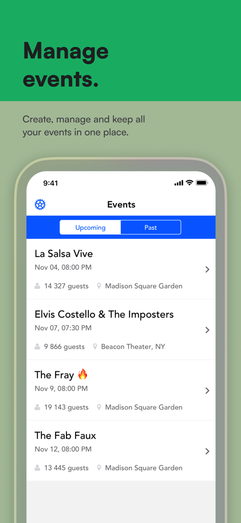 Guestlist: Guest List App - Interfaz de la aplicación Guestlist mostrando una lista de próximos eventos y recuentos de invitados