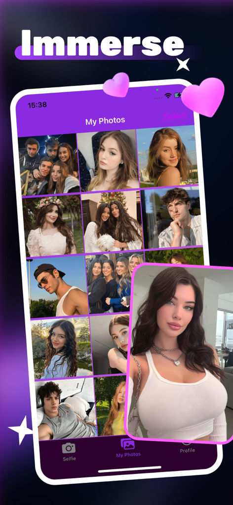 Dlive-Light Up Your Selfies - A mobile app interface showing a grid of vibrant user selfies and group photos titled My Photos.
