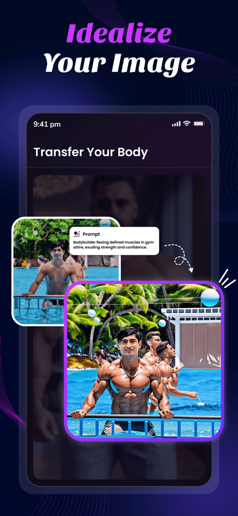 Interfaz del generador de fotos IA que muestra la transformación de un hombre en un físico musculoso de culturista en una piscina