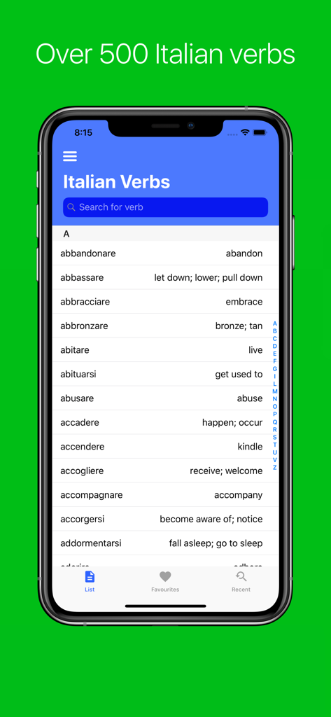 Italian Verb Conjugator - Searchable list of Italian verbs with English meanings on a smartphone screen.
