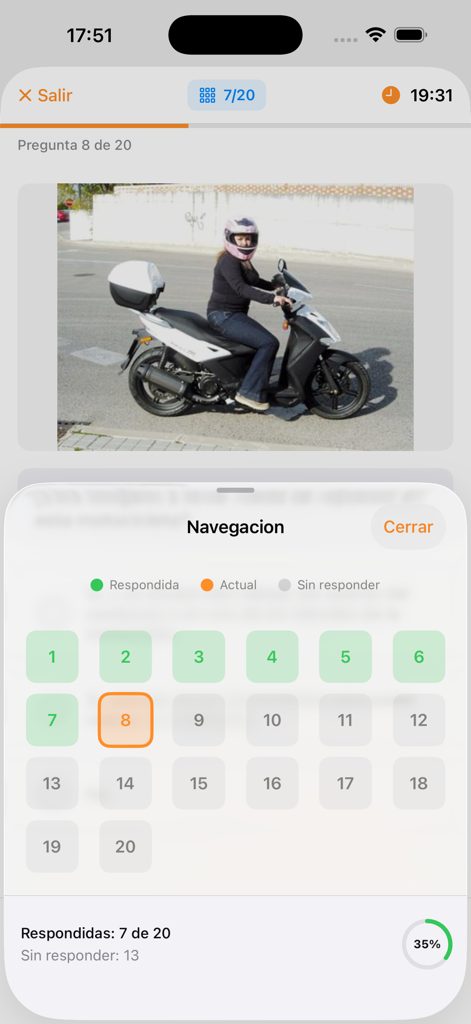 DGT A2 Test Master - A motorcycle exam simulation interface showing a question navigation overlay with 20 numbered slots and progress statistics.