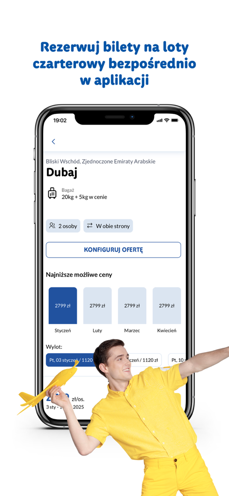 Rainbow: Wakacje & Wycieczki - Mobile app interface of Rainbow showing charter flight booking to Dubai with price comparison by month in Polish