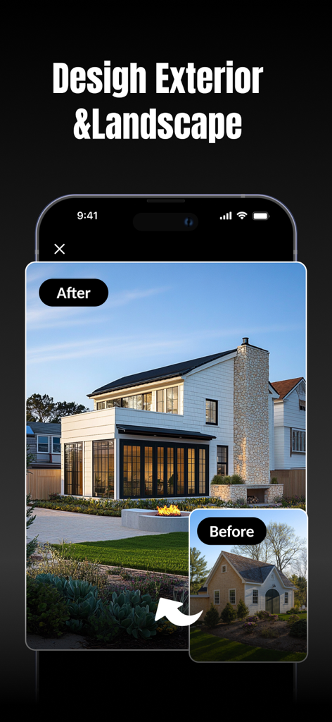 AI generated before and after comparison of a modern home exterior and landscape design