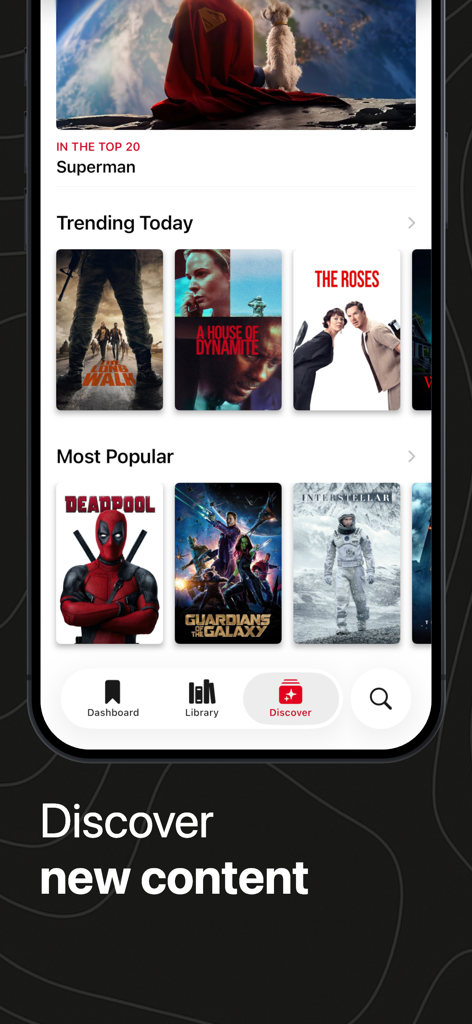 Showdown - TV & Movie Tracker - Showdown app Discover screen displaying trending today and most popular movie titles