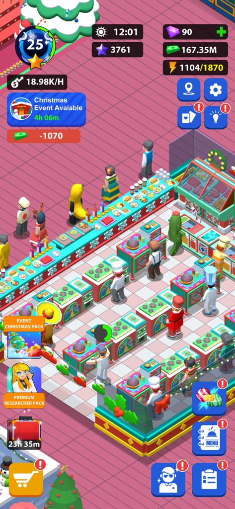 Dream Restaurant - Idle Tycoon - Gameplay screenshot of Dream Restaurant Idle Tycoon showing chefs at cooking stations and Christmas decorations in a busy kitchen.