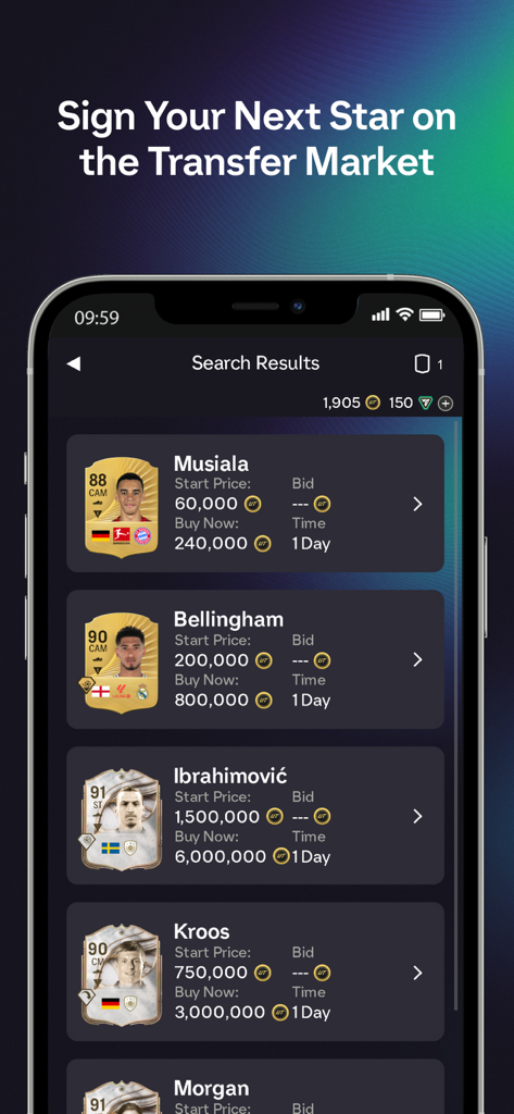 Interface of the EA SPORTS FC 26 Companion app showing Transfer Market search results with player cards and bidding prices
