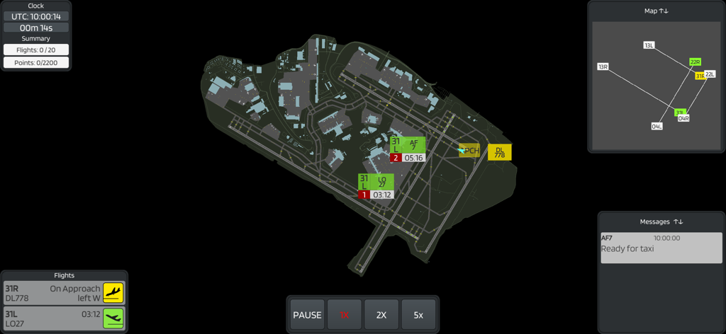 Vista de radar cenital del juego de simulación de control de tráfico aéreo que muestra la disposición del aeropuerto y la gestión de aeronaves
