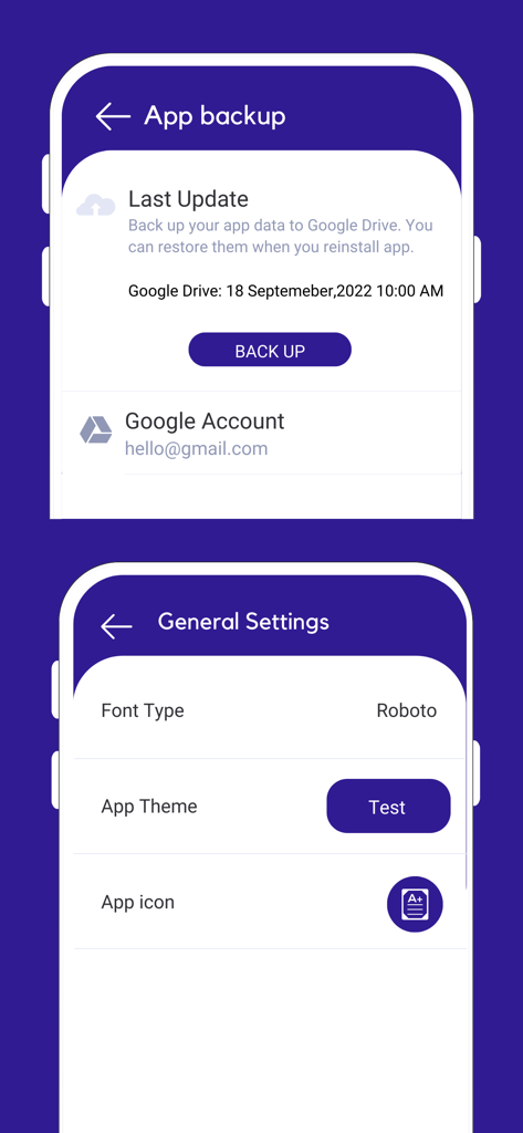 Pantallas de copia de seguridad y configuración general para la aplicación móvil Veterinary Exam MCQs.