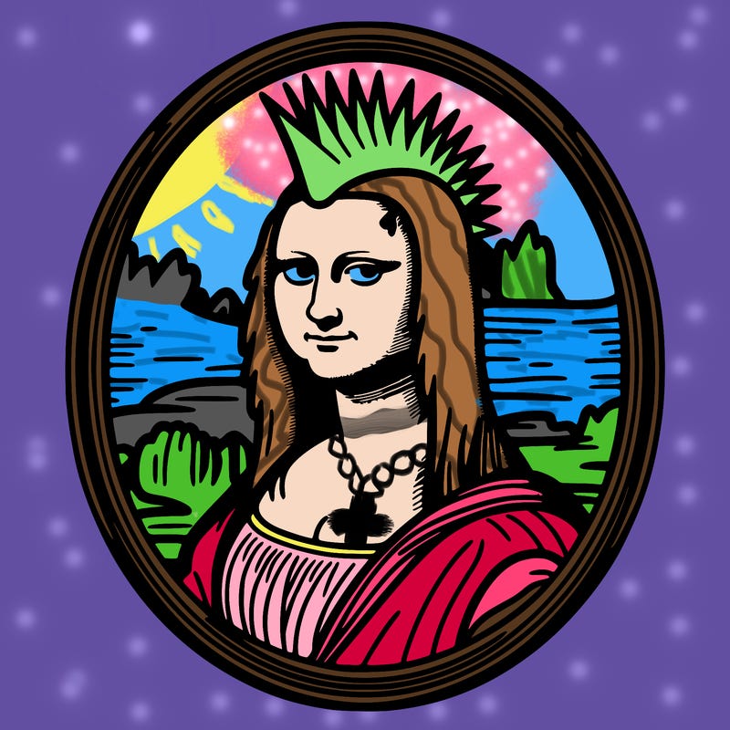 leonardo da vinci's "mona lisa" with punk hairstyle, realistic, thin borders