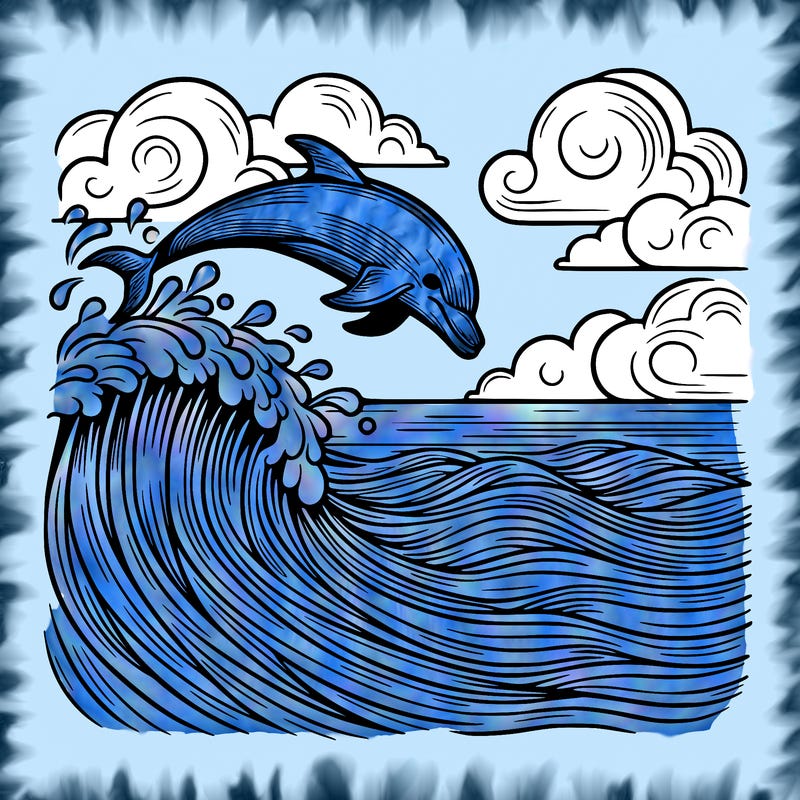 the ocean with waves and a dolphin jumping in the air, realistic!