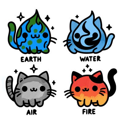 4 cats that represent the different elements, earth, water, air, and fire