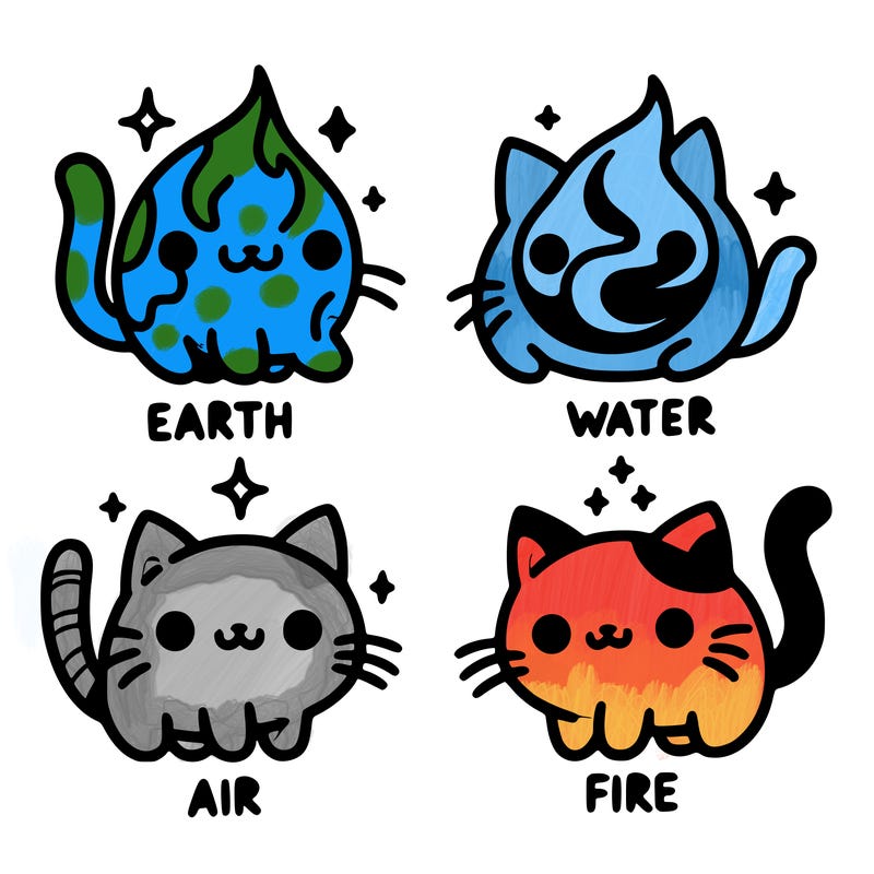 4 cats that represent the different elements, earth, water, air, and fire