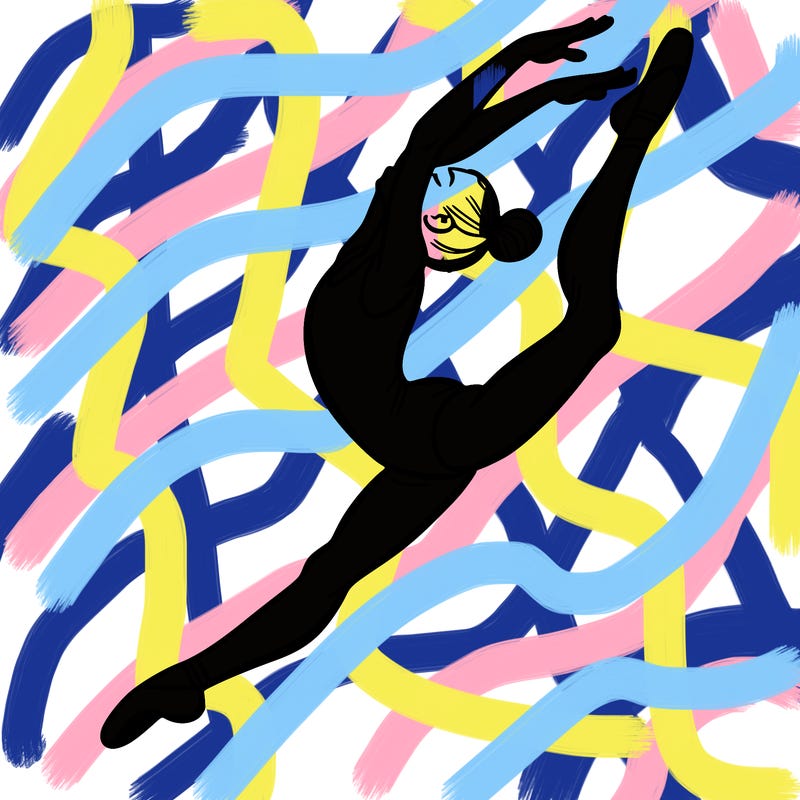 gymnast doing a leap in a leotard with a bent back leg