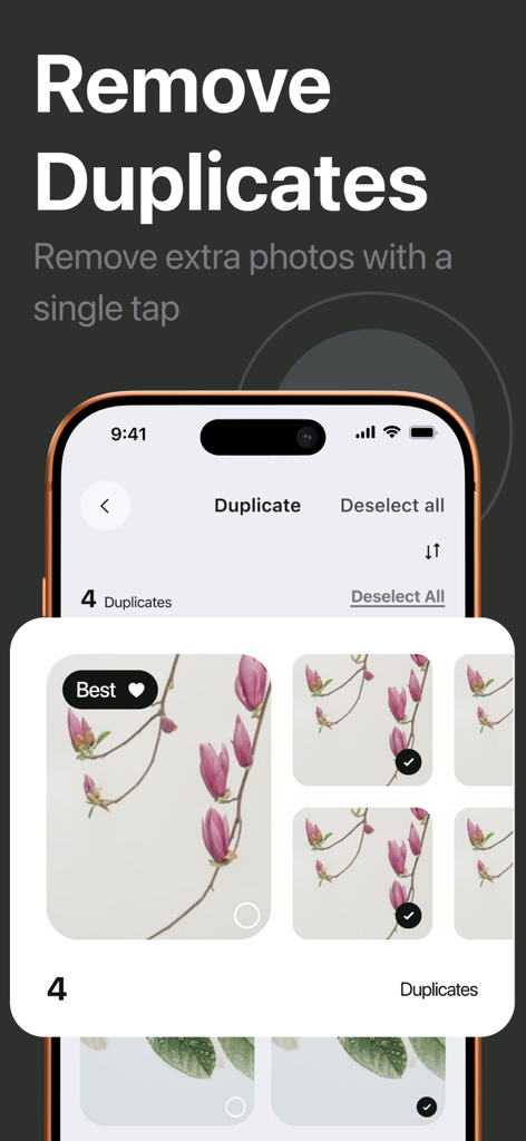 Cleerix - cleaner app - Cleerix app interface for identifying and removing duplicate photos to save storage space.