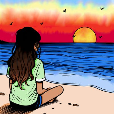 a girl watching the sunset on the horizon at ocean realistic