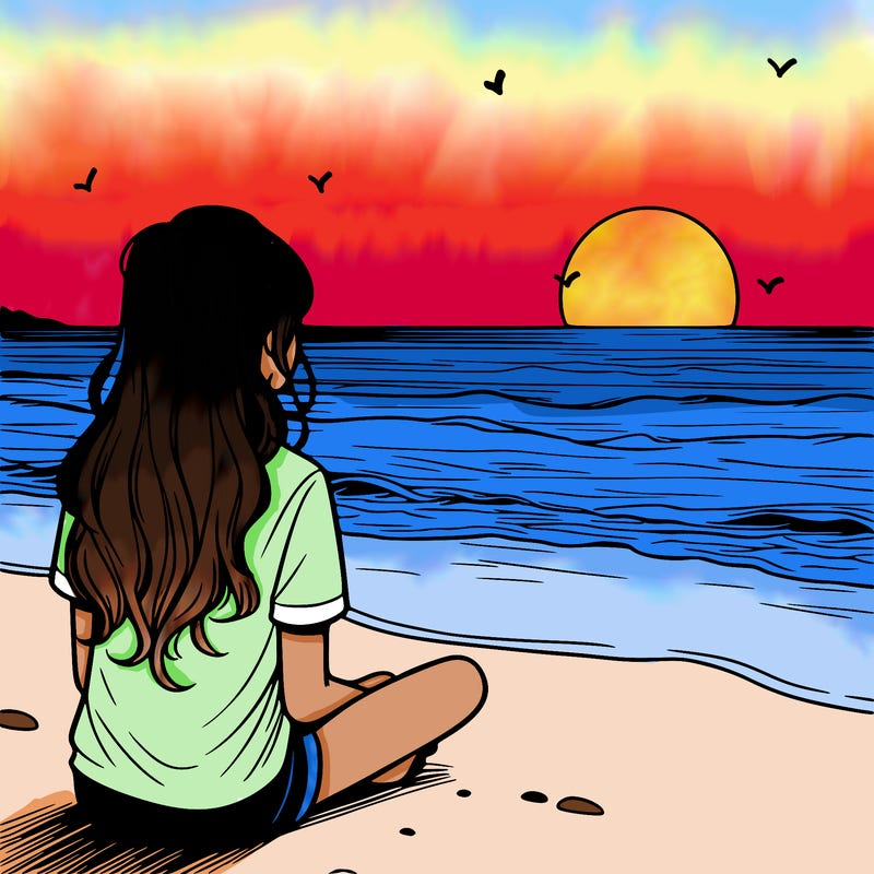 a girl watching the sunset on the horizon at ocean realistic