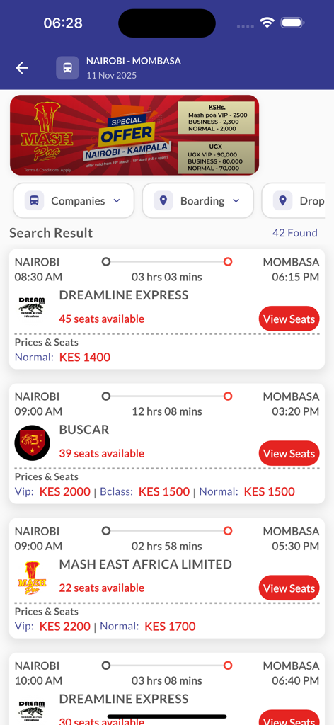 Travler - Travler app screen showing search results for bus trips between Nairobi and Mombasa with prices and schedules