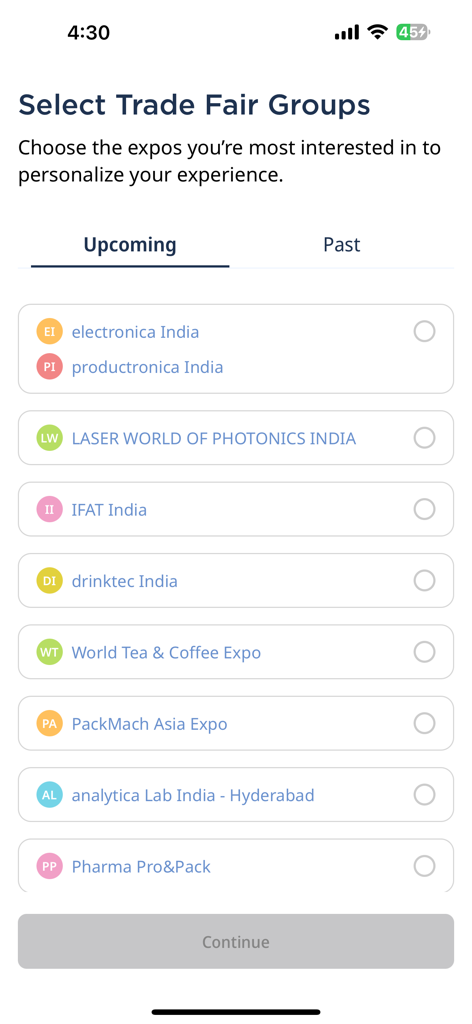 MMI One - Interface do aplicativo MMI One mostrando uma lista de grupos de feiras futuras para seleção e personalização do usuário